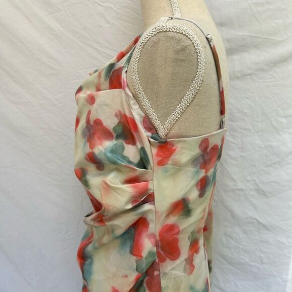 NO BRAND Cowl Watercolor Maximalist Dress Cream Red Split Hem Size 2 XS Small - Picture 3 of 7